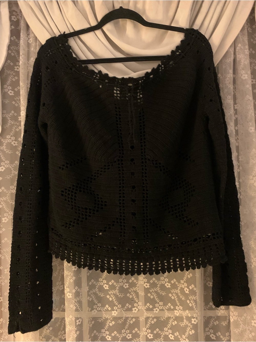 Route 66 Black Crochet Long Sleeve Button Front Top
